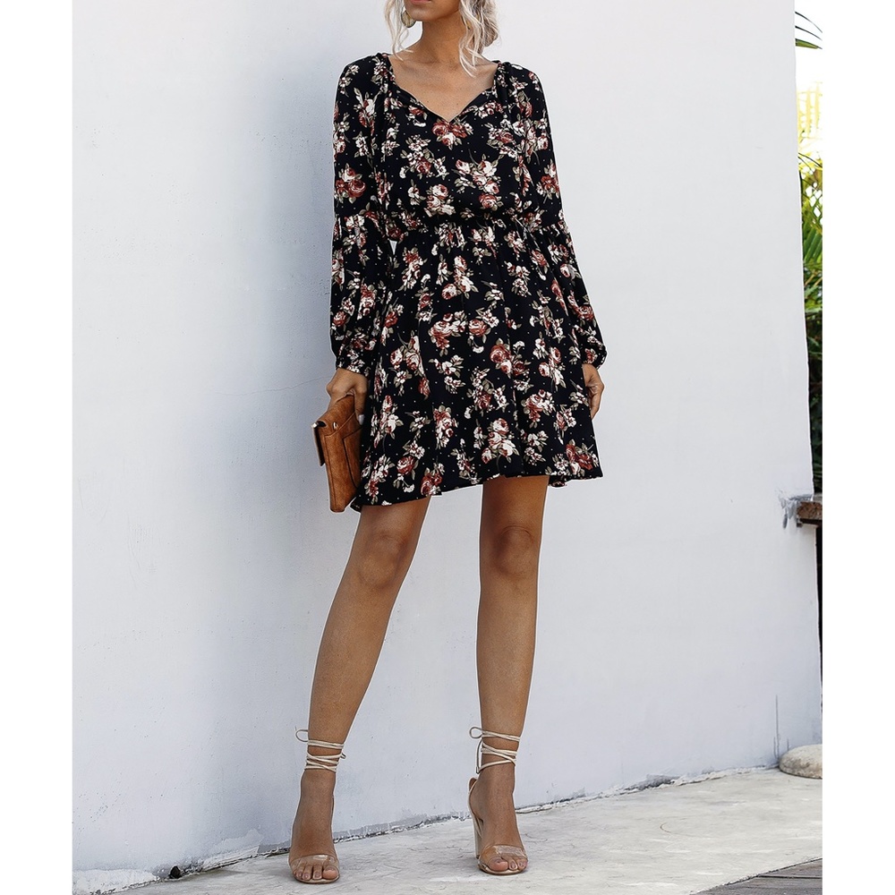 Black Floral Print Long Sleeve Fit & Flare Dress - Picture 6 of 14